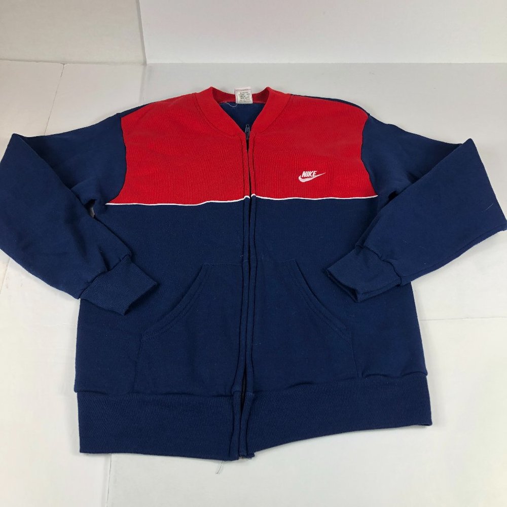 Vintage 80s Nike Sweater Mens Medium Blue & Red Pockets Full Zipper Grey Tag USA